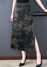 New Black Print Side Open Elastic Waist Silk Skirts Summer